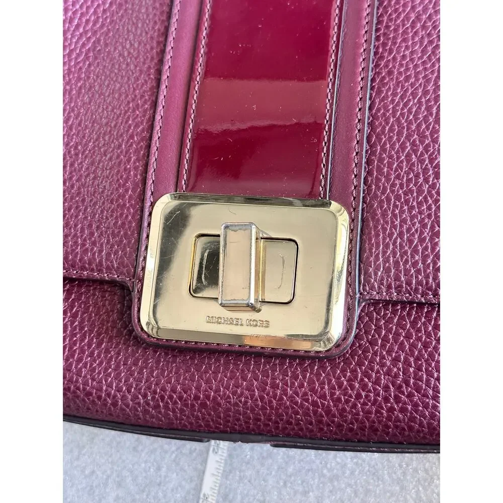Michael Kors Lila Large Shoulder Flap Bag Burgundy Pebbled Leather Patent Stripe